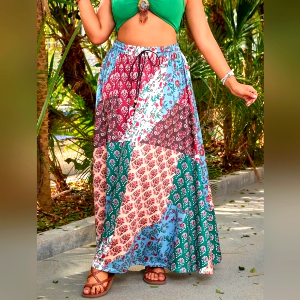 Patchwork Maxi Skirt Boho Print Red Green Blue - Picture 3 of 6
